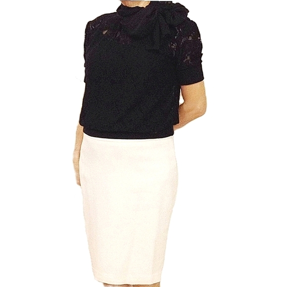 DOLCE & GABBANA Lace Blouse Bow Scarf Collar Tie Neck Black Short Sleeve Crop 44 - Picture 8 of 9